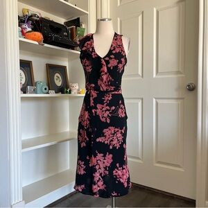 2000s The Limited black and pink floral silk midi dress with ruffle.